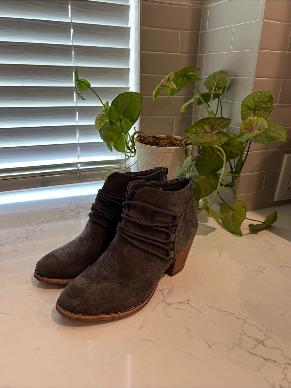 Very G Charcoal Suede Ankle Booties with Stacked Heel